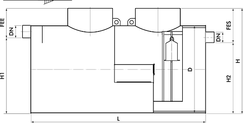 <b>FES = FEE + 100 mm<br>H2 = H1 - 100 mm<br>H = D + 300 mm</b>